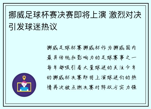 挪威足球杯赛决赛即将上演 激烈对决引发球迷热议