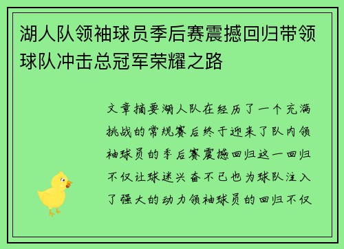 湖人队领袖球员季后赛震撼回归带领球队冲击总冠军荣耀之路