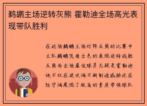 鹈鹕主场逆转灰熊 霍勒迪全场高光表现带队胜利