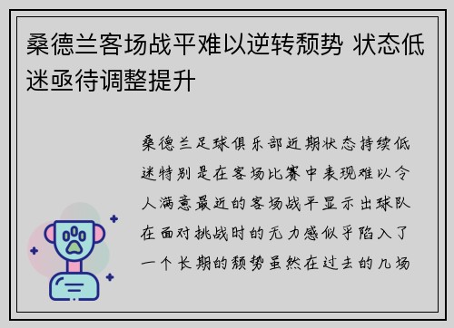 桑德兰客场战平难以逆转颓势 状态低迷亟待调整提升
