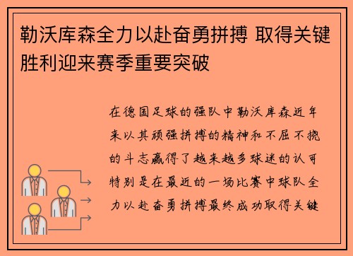 勒沃库森全力以赴奋勇拼搏 取得关键胜利迎来赛季重要突破